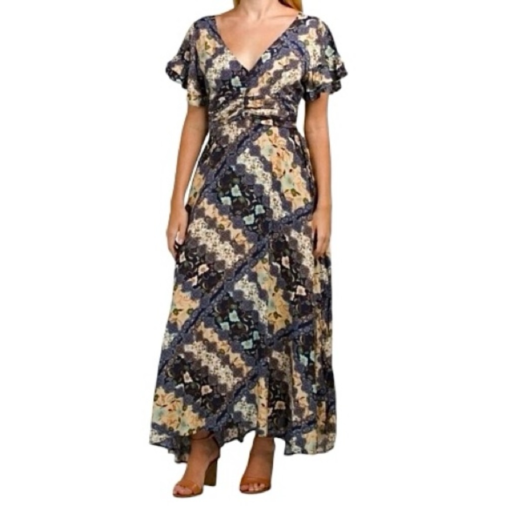 Abel The‎ Label Gandhi Floral Short Sleeve Ruffle Maxi Dress Blue Cream Small